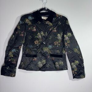 Vintage Silk Box Silk Rayon Floral Blazer Jacket Velvet Trim Asian M